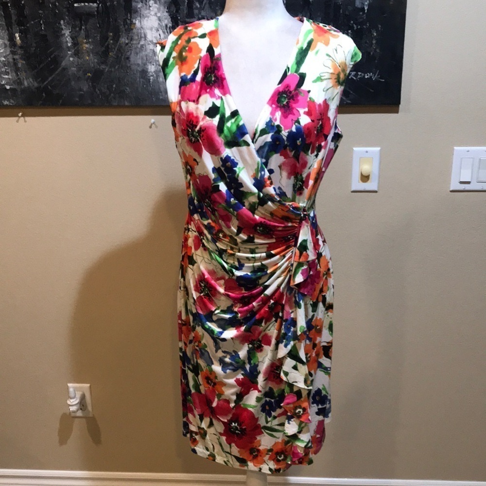 American Living Bright Watercolor Floral Midi With Rouching Faux Wrap Dress-14